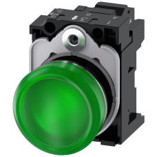 Indicator lights, 22 mm, round, metal, shiny, green, lens, smooth, with holder, LED module with inte