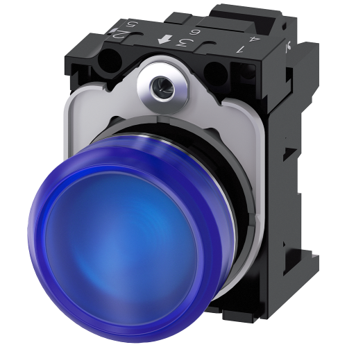 Indicator lights, 22 mm, round, metal, shiny, blue, lens, smooth, with holder, LED module with integ