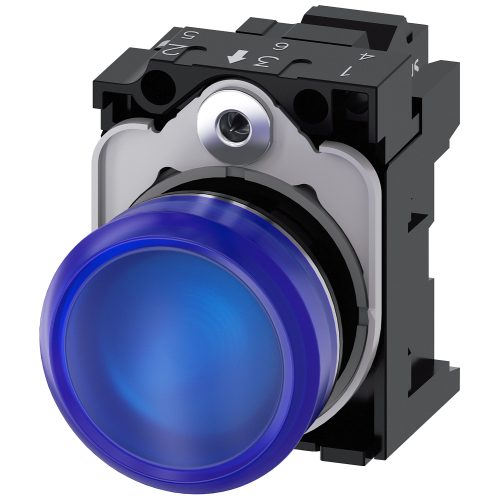 Indicator lights, 22 mm, round, metal, shiny, blue, lens, smooth, with holder, LED module with integrated LED 230 V AC, Spring-type terminal