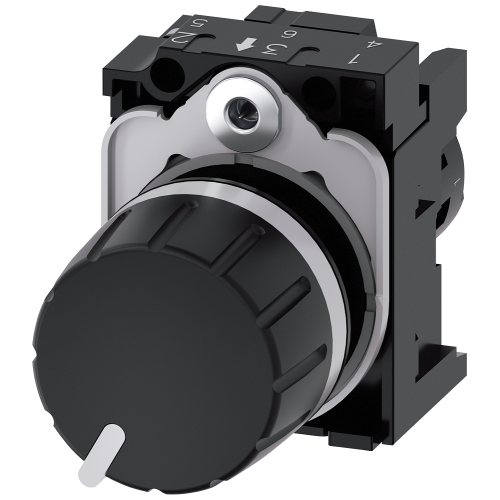 Potentiometer, compact, 22 mm, round, plastic, black, 1k ohm, with holder, screw terminal, with laser labeling, upper case