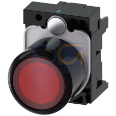 Pushbutton, compact, with extended stroke (12 mm), 22 mm, round, plastic, red transparent, pushbutton, flat, momentary contact type, with holder