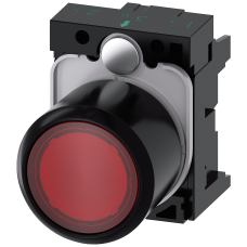 Pushbutton, compact, with extended stroke (12 mm), 22 mm, round, plastic, red transparent, pushbutton, flat, momentary contact type, with holder