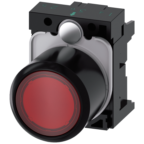 Pushbutton, compact, with extended stroke (12 mm), 22 mm, round, plastic, red transparent, pushbutton, flat, momentary contact type, with holder