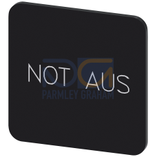 Labeling plate for gluing on enclosure, label size 22x22 mm, black label, white font, with inscription: Emergency switching-off