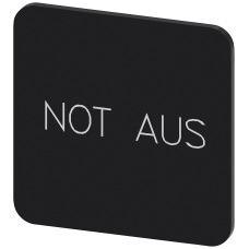 Labeling plate for gluing on enclosure, label size 22x22 mm, black label, white font, with inscription: Emergency switching-off