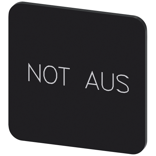 Labeling plate for gluing on enclosure, label size 22x22 mm, black label, white font, with inscription: Emergency switching-off