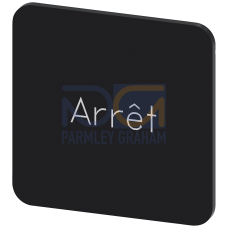 Labeling plate for gluing on enclosure, label size 22x22 mm, black label, white font, with inscription: Arret