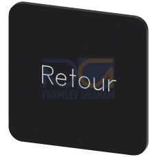 Labeling plate for gluing on enclosure, label size 22x22 mm, black label, white font, with inscription: Retour