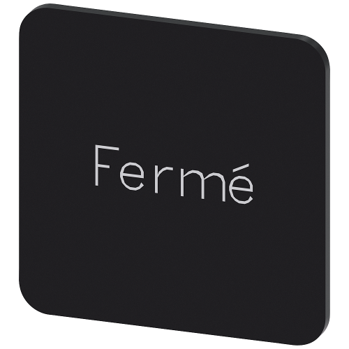 Labeling plate for gluing on enclosure, label size 22x22 mm, black label, white font, with inscription: Ferme