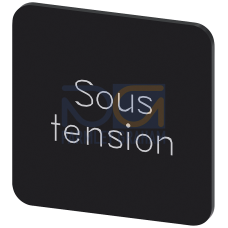 Labeling plate for gluing on enclosure, label size 22x22 mm, black label, white font, with inscription: Sous tension