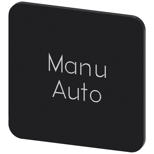 Labeling plate for gluing on enclosure, label size 22x22 mm, black label, white font, with inscription: Manu Auto