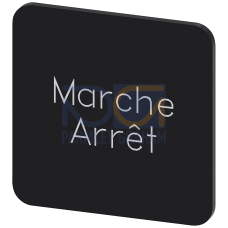 Labeling plate for gluing on enclosure, label size 22x22 mm, black label, white font, with inscription: Marche Arr&ecirc;t