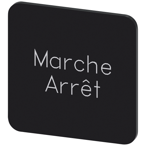 Labeling plate for gluing on enclosure, label size 22x22 mm, black label, white font, with inscription: Marche Arr&ecirc;t