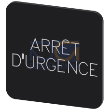 Labeling plate for gluing on enclosure, label size 22x22 mm, black label, white font, with inscription: Arr&ecirc;t d'urgence