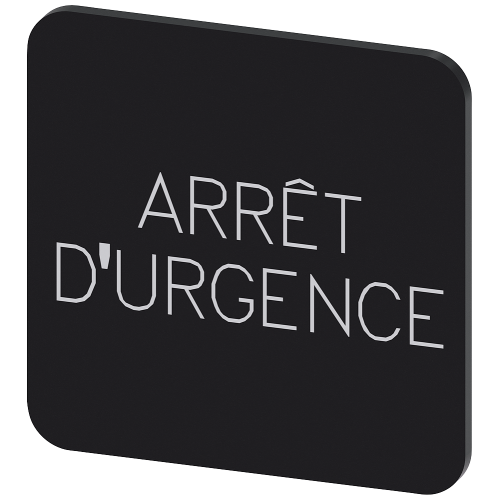Labeling plate for gluing on enclosure, label size 22x22 mm, black label, white font, with inscription: Arr&ecirc;t d'urgence