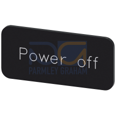 Labeling plate for snapping on or gluing to label holder, label size 12.5x27mm, black label, white font, with inscription: Power Off
