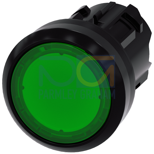 Green - Plastic illuminated push button with flat button, momentary Contact