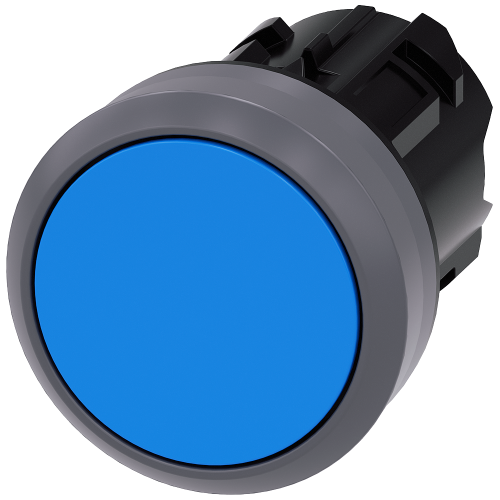 Blue - Plastic with Metal front ring push button with flat button, momentary Contact