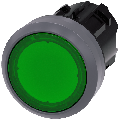 Green - Plastic with Metal front ring illuminated push button with flat button, momentary Contact