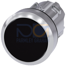 Pushbutton, 22 mm, round, metal, shiny, black, pushbutton, flat momentary contact type, with laser labeling, inscription or symbol Customer-specifi...