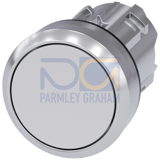 Pushbutton, 22 mm, round, metal, shiny, white, pushbutton, flat, latching, Push-to-release mechanism, with laser labeling, inscription or symbol Cu...
