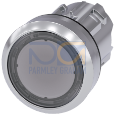 Pushbutton, 22 mm, round, metal, shiny, clear, pushbutton, flat momentary contact type, with laser labeling, upper case