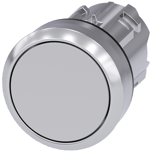 Pushbutton, 22 mm, round, metal, shiny, gray, pushbutton, flat momentary contact type, with laser labeling, lower case