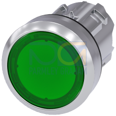 Illuminated pushbutton, 22 mm, round, metal, shiny, green, pushbutton, flat, momentary contact type, with laser labeling, upper case