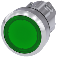 Illuminated pushbutton, 22 mm, round, metal, shiny, green, pushbutton, flat, latching, Push-to-relea