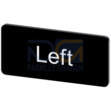 Labeling plate for snapping on or gluing to label holder, label size 12.5x27mm, black label, white font, with inscription: left