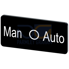 Labeling plate for snapping on or gluing to label holder, label size 12.5x27mm, black label, white font, with inscription: Manual O Auto