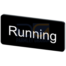 Labeling plate for snapping on or gluing to label holder, label size 12.5x27mm, black label, white font, with inscription: Running