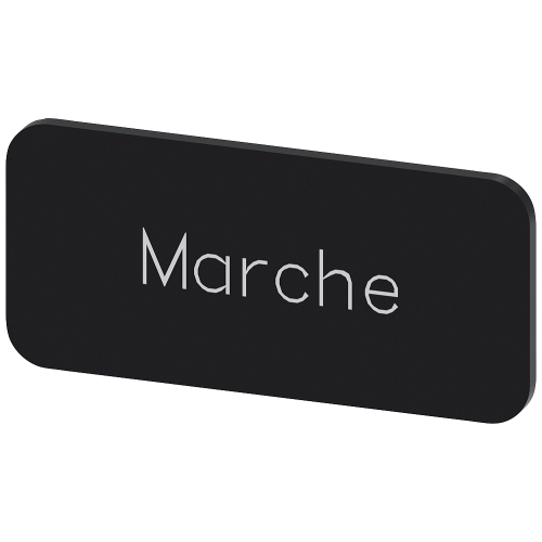 Labeling plate for snapping on or gluing to label holder, label size 12.5x27mm, black label, white font, with inscription: Marche