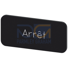 Labeling plate for snapping on or gluing to label holder, label size 12.5x27mm, black label, white font, with inscription: Arret