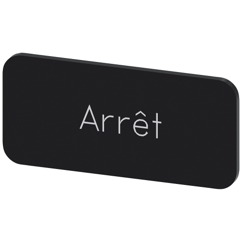 Labeling plate for snapping on or gluing to label holder, label size 12.5x27mm, black label, white font, with inscription: Arret