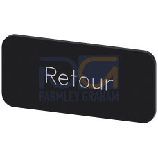 Labeling plate for snapping on or gluing to label holder, label size 12.5x27mm, black label, white font, with inscription: Retour