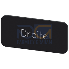 Labeling plate for snapping on or gluing to label holder, label size 12.5x27mm, black label, white font, with inscription: Droite