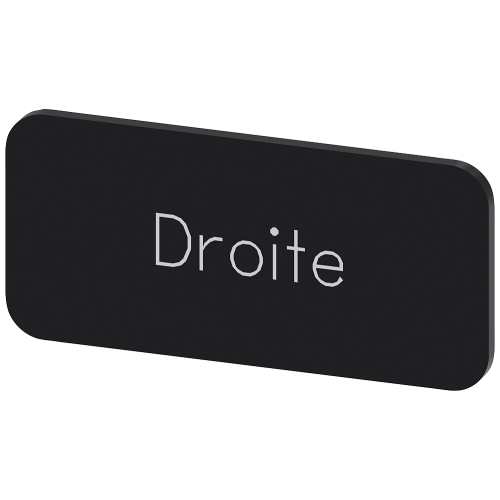 Labeling plate for snapping on or gluing to label holder, label size 12.5x27mm, black label, white font, with inscription: Droite