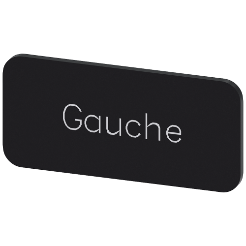 Labeling plate for snapping on or gluing to label holder, label size 12.5x27mm, black label, white font, with inscription: Gauche