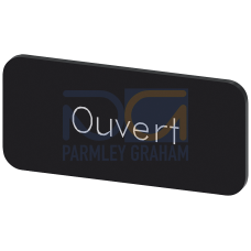 Labeling plate for snapping on or gluing to label holder, label size 12.5x27mm, black label, white font, with inscription: Ouvert