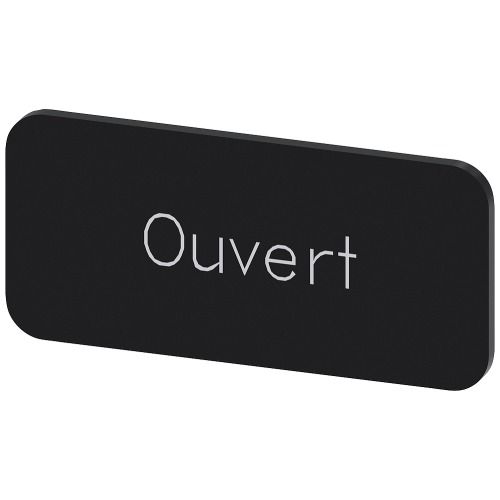 Labeling plate for snapping on or gluing to label holder, label size 12.5x27mm, black label, white font, with inscription: Ouvert