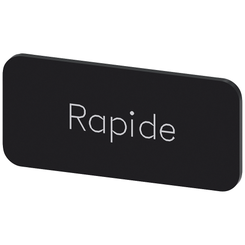 Labeling plate for snapping on or gluing to label holder, label size 12.5x27mm, black label, white font, with inscription: Rapide