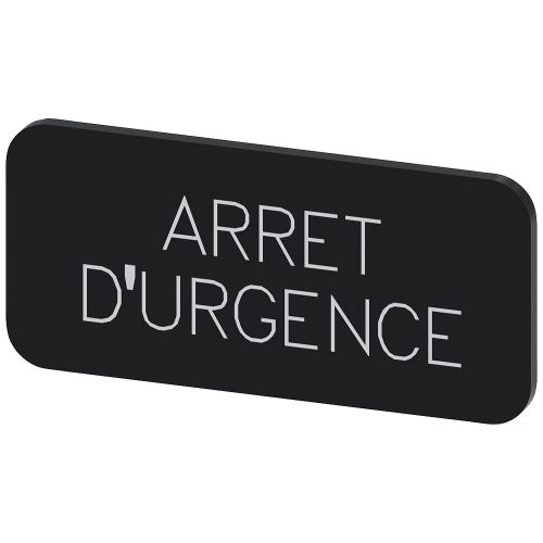 Labeling plate for snapping on or gluing to label holder, label size 12.5x27mm, black label, white font, with inscription: Arr&ecirc;t d'urgence