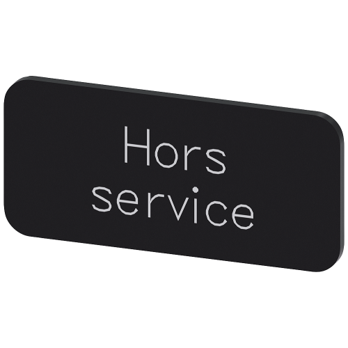 Labeling plate for snapping on or gluing to label holder, label size 12.5x27mm, black label, white font, with inscription: Hors service