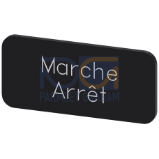 Labeling plate for snapping on or gluing to label holder, label size 12.5x27mm, black label, white font, with inscription: Marche Arr&ecirc;t