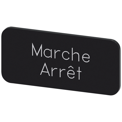 Labeling plate for snapping on or gluing to label holder, label size 12.5x27mm, black label, white font, with inscription: Marche Arr&ecirc;t
