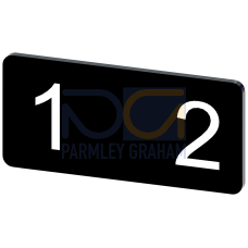 Labeling plate for snapping on or gluing to label holder, label size 12.5x27mm, black label, white font, with graphic symbol: 1  2