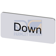 Labeling plate for snapping on or adhering to label holder, label size 12.5x27 mm, silver label, black font, with inscription: Down