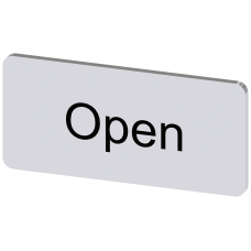Labeling plate for snapping on or gluing to label holder, label size 12.5x27mm, silver label, black font, with inscription: Open
