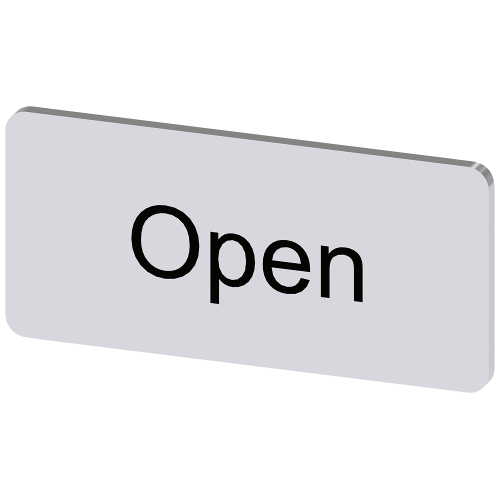 Labeling plate for snapping on or gluing to label holder, label size 12.5x27mm, silver label, black font, with inscription: Open